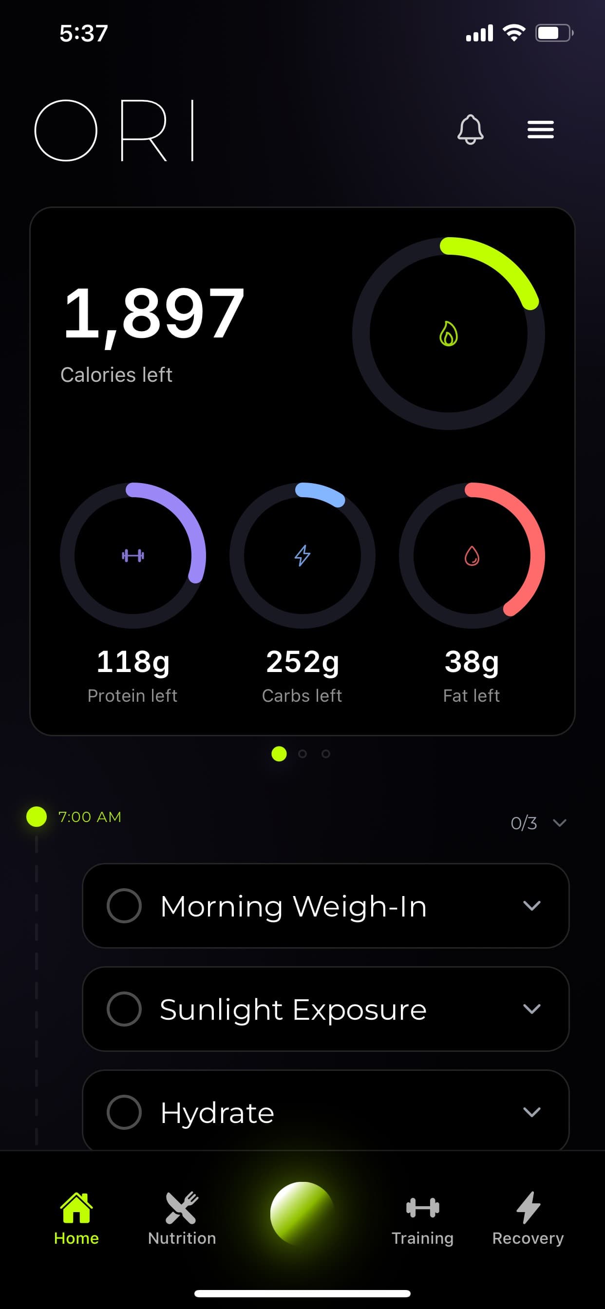 ORI app dashboard showing calorie and macro tracking
